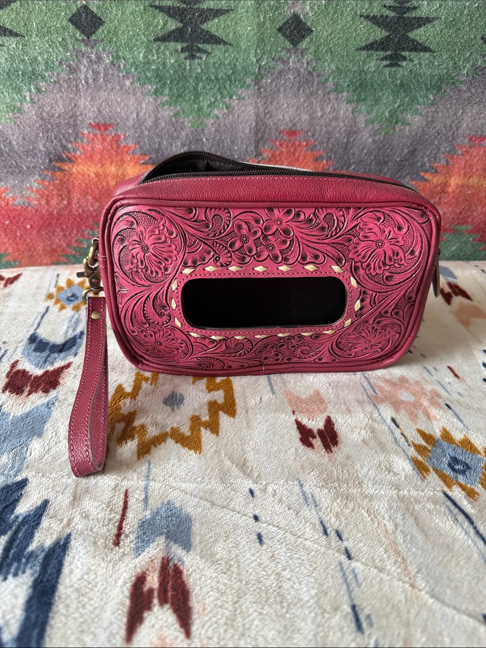 Hand tooled leather  Floral tissue holder in Rose Pink